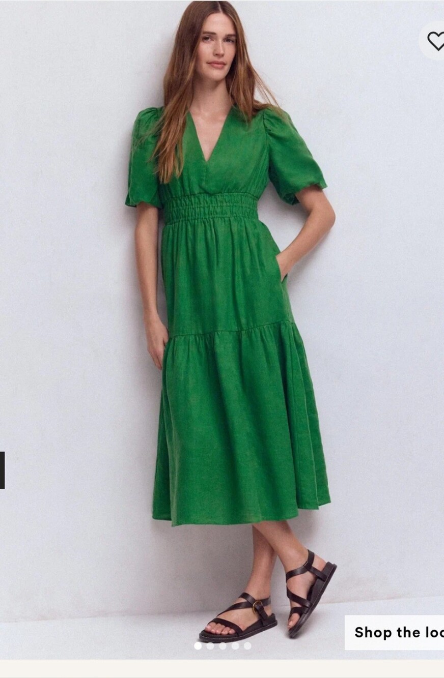 Boden Green V-Neck Smocked Waist Midi Dress